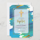 Blauw groene aquarel jongens doop uitnodiging (Voorkant)