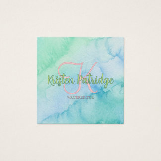blauw groene aquarel redacteur schrijver naam mono vierkante visitekaartjes