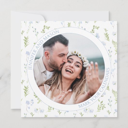 Blauw groene bloem Bewaar de Date foto uitnodiging (Achterkant)