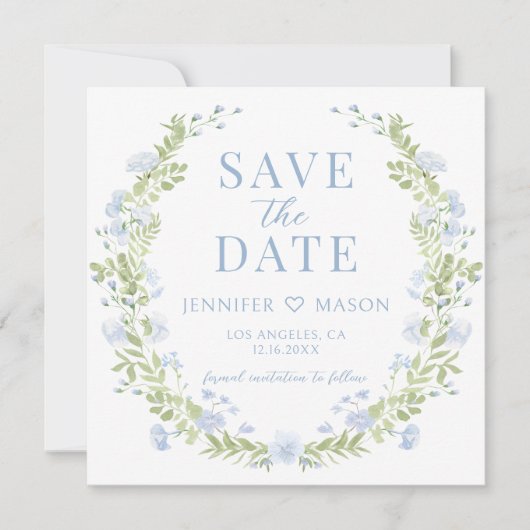 Blauw groene bloem Bewaar de Date foto uitnodiging (Voorkant)