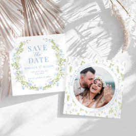 Blauw groene bloem Bewaar de Date foto uitnodiging