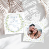 Blauw groene bloem Bewaar de Date foto uitnodiging