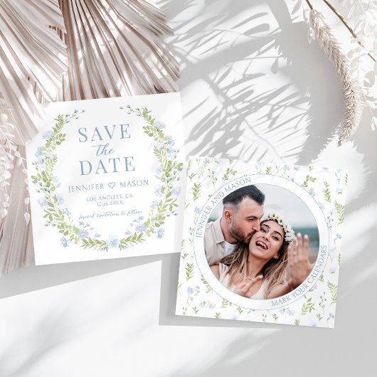 Blauw groene bloem Bewaar de Date foto uitnodiging