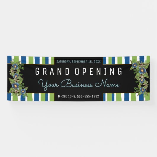 Blauw Groene Bloem Strepen Grand Opening Bedrijf Spandoek (Horizontaal)