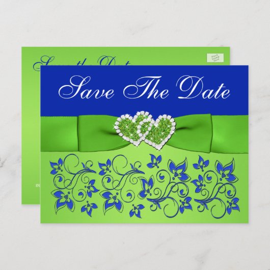 Blauw, Groene Bloemen, Harten sparen het Datum Bri Aankondigingskaart (Voorkant / Achterkant)