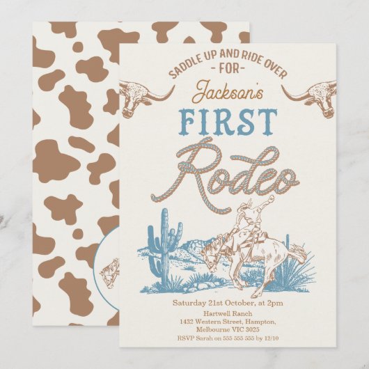 blauw groene cowboy eerste rodeo 1e verjaardag kaart (Voorkant / Achterkant)