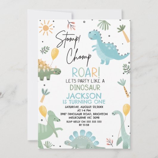 Blauw Groene Cute Foto Dinosaurus Thema Verjaardag Kaart (Voorkant)