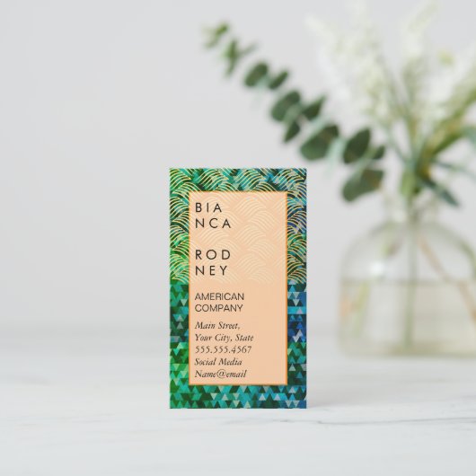 Blauw Groene Driehoeken en Gouden Weefsel Visitekaartje (Staand voorkant)
