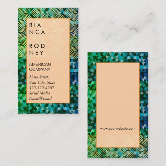 Blauw Groene Driehoeken en Gouden Weefsel Visitekaartje (Voorkant / Achterkant)