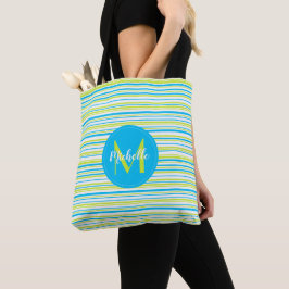 Blauw Groene Eenvoudige Elegante Strepen Naam Mono Tote Bag