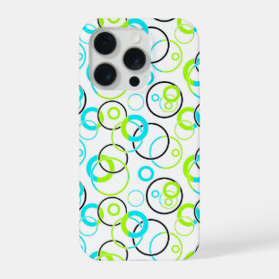 blauw groene en zwarte ringen en cirkels op wit iPhone 15 pro case