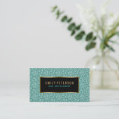 Blauw-groene fax glitter met zwart en gouden accen visitekaartje (Staand voorkant)