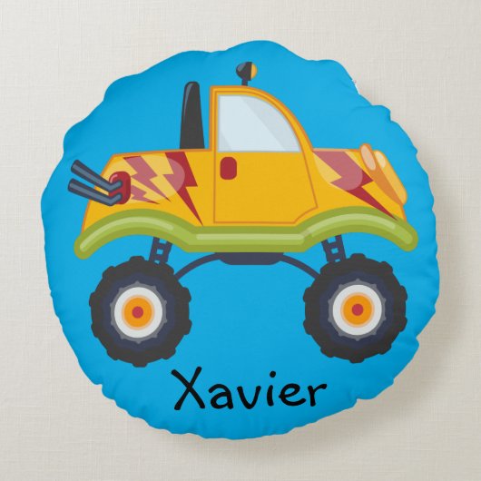 Blauw Groene Gele Monster Truck Jongens Persoonlij Rond Kussen (Achterkant)