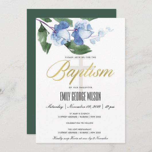 BLAUW GROENE INKWASSTROOM WATERVERF FLORAAL BAPTIS KAART (Voorkant / Achterkant)