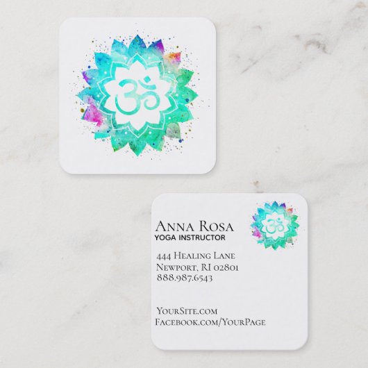 ~* Blauw groene lotusbloem Mandala Om Aum symbool Vierkante Visitekaartje (Voorkant / Achterkant)