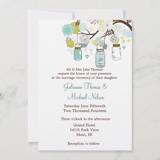 Blauw Groene Mason Jars Bloemen Wedding Kaart (Voorkant)