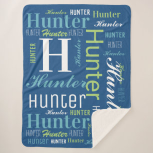 Blauw - Groene naam en monogram Cloud Word Art Sherpa Deken