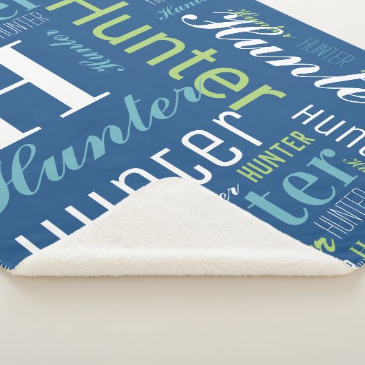 Blauw - Groene naam en monogram Cloud Word Art Sherpa Deken (3/4)