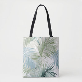 Blauw groene palmbladeren tote bag