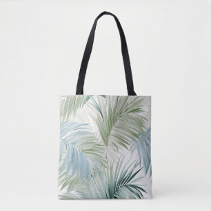 Blauw groene palmbladeren tote bag