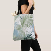 Blauw groene palmbladeren tote bag (Dichtbij)