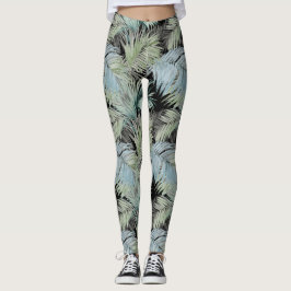 Blauw groene palmbladeren zwart leggings