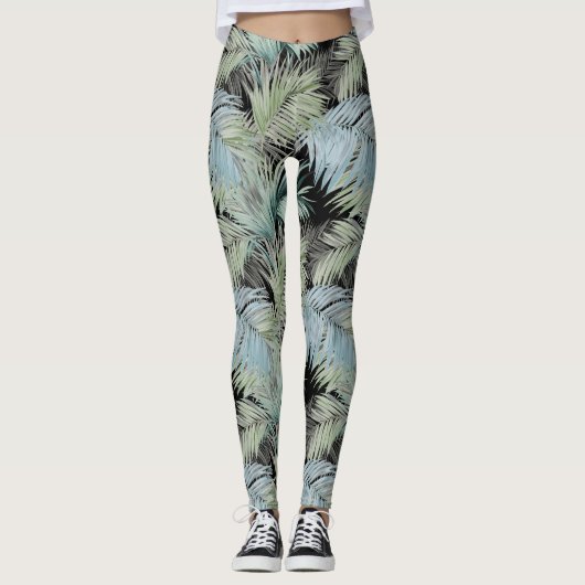 Blauw groene palmbladeren zwart leggings (Voorkant)