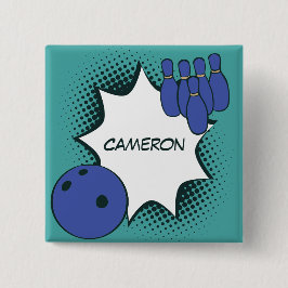 Blauw-groene Pop Art Bowling Naam Knop Vierkante Button 5,1 Cm