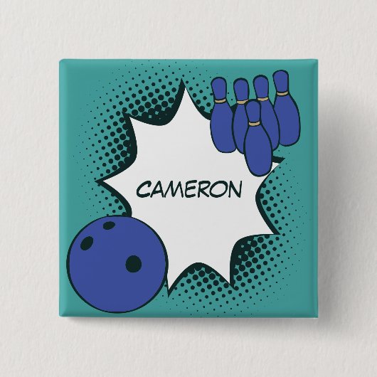 Blauw-groene Pop Art Bowling Naam Knop Vierkante Button 5,1 Cm (Voorkant)