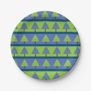 Blauw Groene Strepen Kerstboom Papieren Bordje