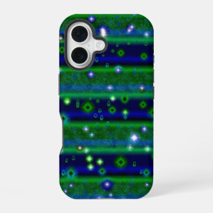 Blauw Groene Strepen met Sterren en Regendruppels iPhone 16 Hoesje
