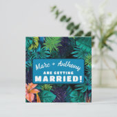 Blauw Groene Tropische Jungle Bestemming Trouwen Save The Date (Staand voorkant)