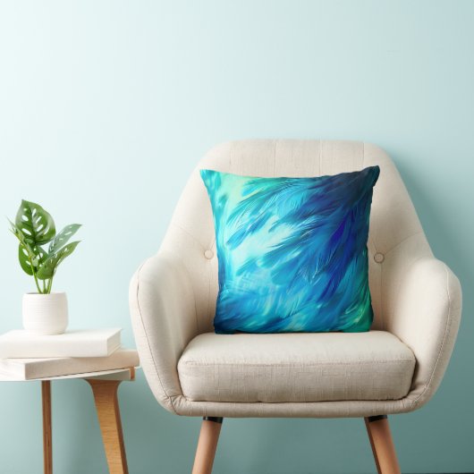 Blauw Groene Veer Abstract Kussen (Stoel)