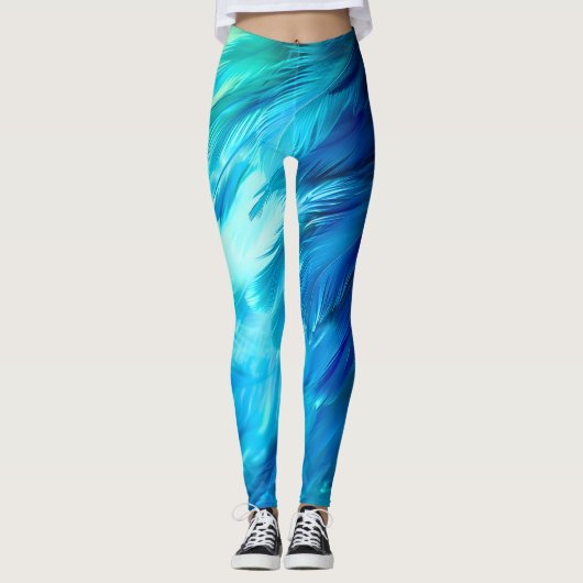 Blauw Groene Veer Abstract Leggings (Voorkant)