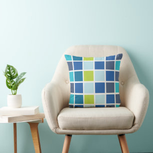 Blauw-groene vierkanten geruit kussen