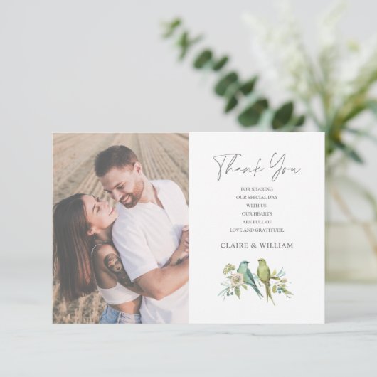 Blauw Groene Vogels Bloemige Watercolor Trouw Bedankkaart (Staand voorkant)