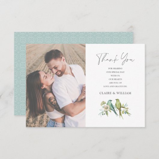 Blauw Groene Vogels Bloemige Watercolor Trouw Bedankkaart (Voorkant / Achterkant)