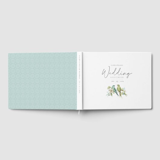 Blauw Groene Vogels Botanische Waterverf Bruiloft Gastenboek (Volledig)