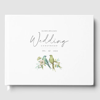Blauw Groene Vogels Botanische Waterverf Bruiloft Gastenboek