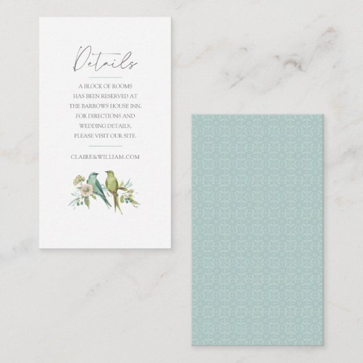 Blauw Groene Vogels Botanische Waterverf Bruiloft Informatiekaartje (Voorkant / Achterkant)