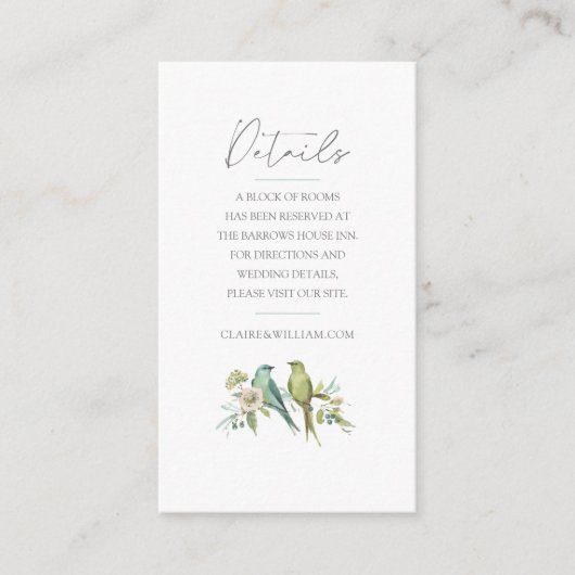 Blauw Groene Vogels Botanische Waterverf Bruiloft Informatiekaartje (Voorkant)