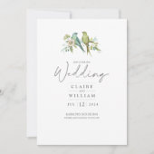 Blauw Groene Vogels Botanische Waterverf Bruiloft Kaart (Voorkant)