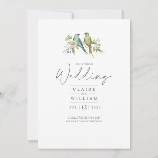 Blauw Groene Vogels Botanische Waterverf Bruiloft Kaart (Voorkant)