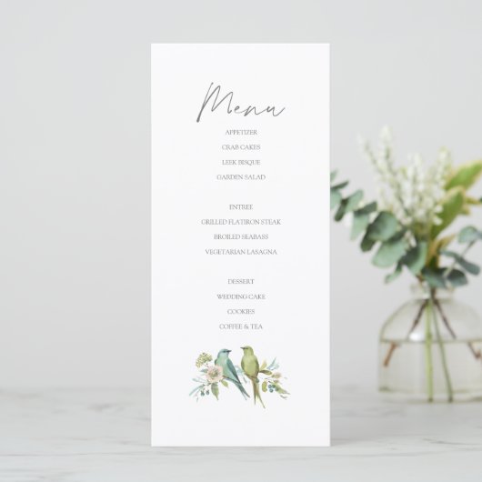 Blauw Groene Vogels Botanische Waterverf Bruiloft Menu (Staand voorkant)