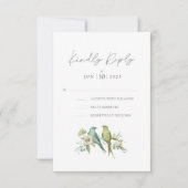 Blauw Groene Vogels Botanische Waterverf Bruiloft RSVP Kaartje (Voorkant)