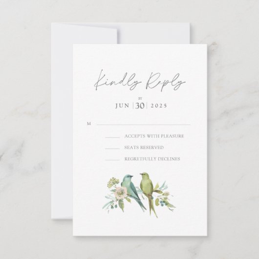 Blauw Groene Vogels Botanische Waterverf Bruiloft RSVP Kaartje (Voorkant)
