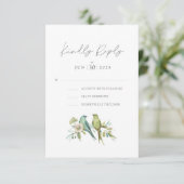 Blauw Groene Vogels Botanische Waterverf Bruiloft RSVP Kaartje (Staand voorkant)