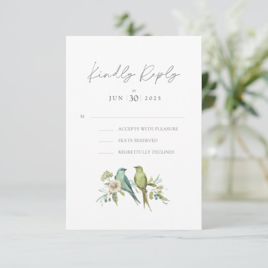 Blauw Groene Vogels Botanische Waterverf Bruiloft RSVP Kaartje (Staand voorkant)