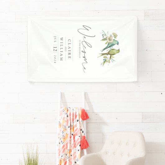 Blauw Groene Vogels Botanische Waterverf Bruiloft Spandoek (Insitu)