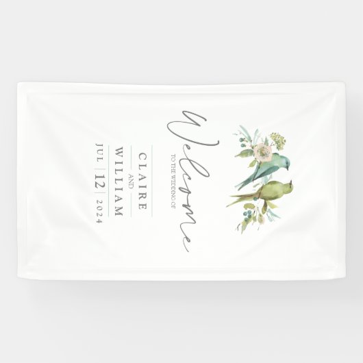 Blauw Groene Vogels Botanische Waterverf Bruiloft Spandoek (Horizontaal)